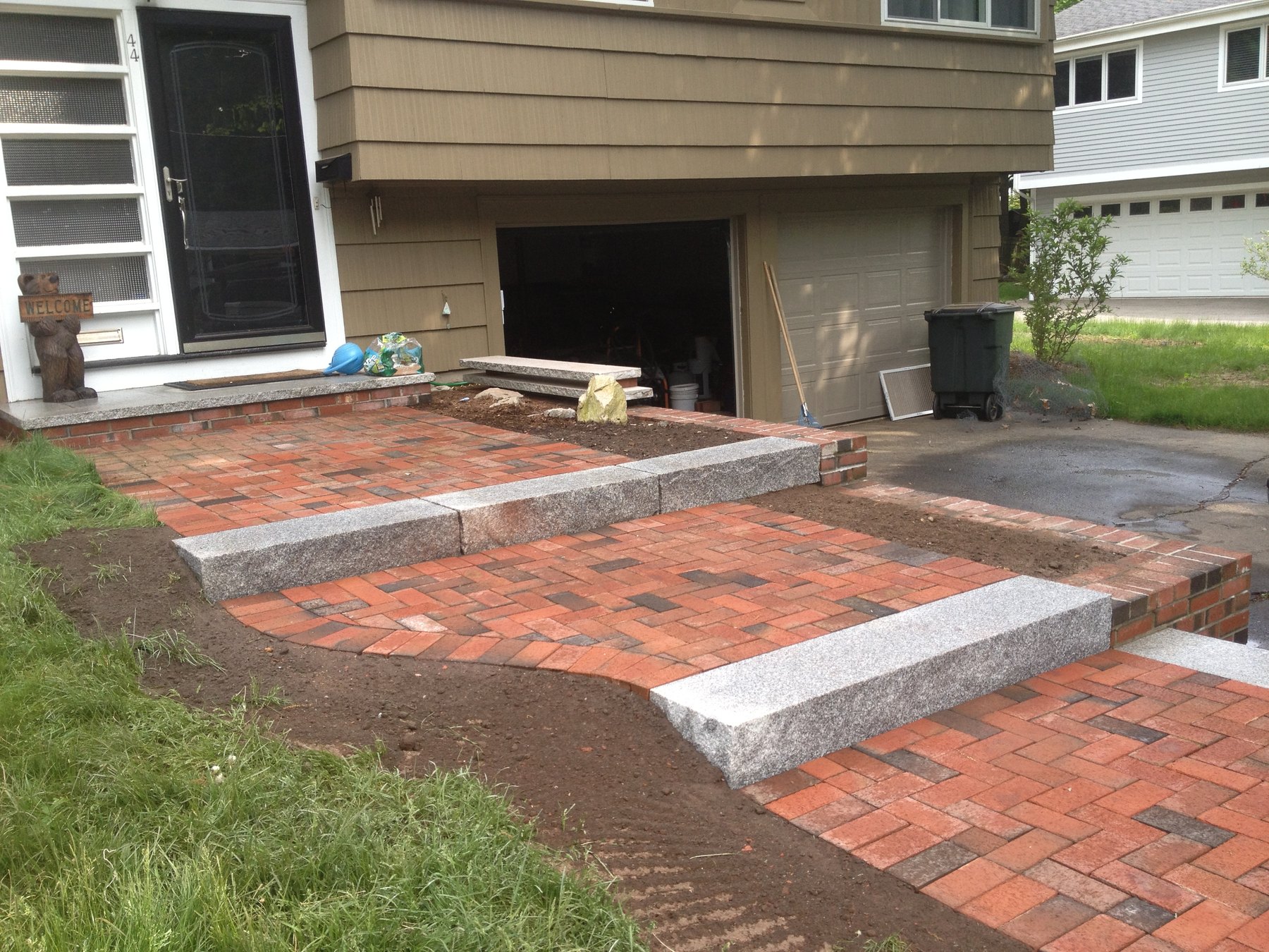 Terraced Clay Brick Walkway with Integrated Granite Steps — Needham, MA