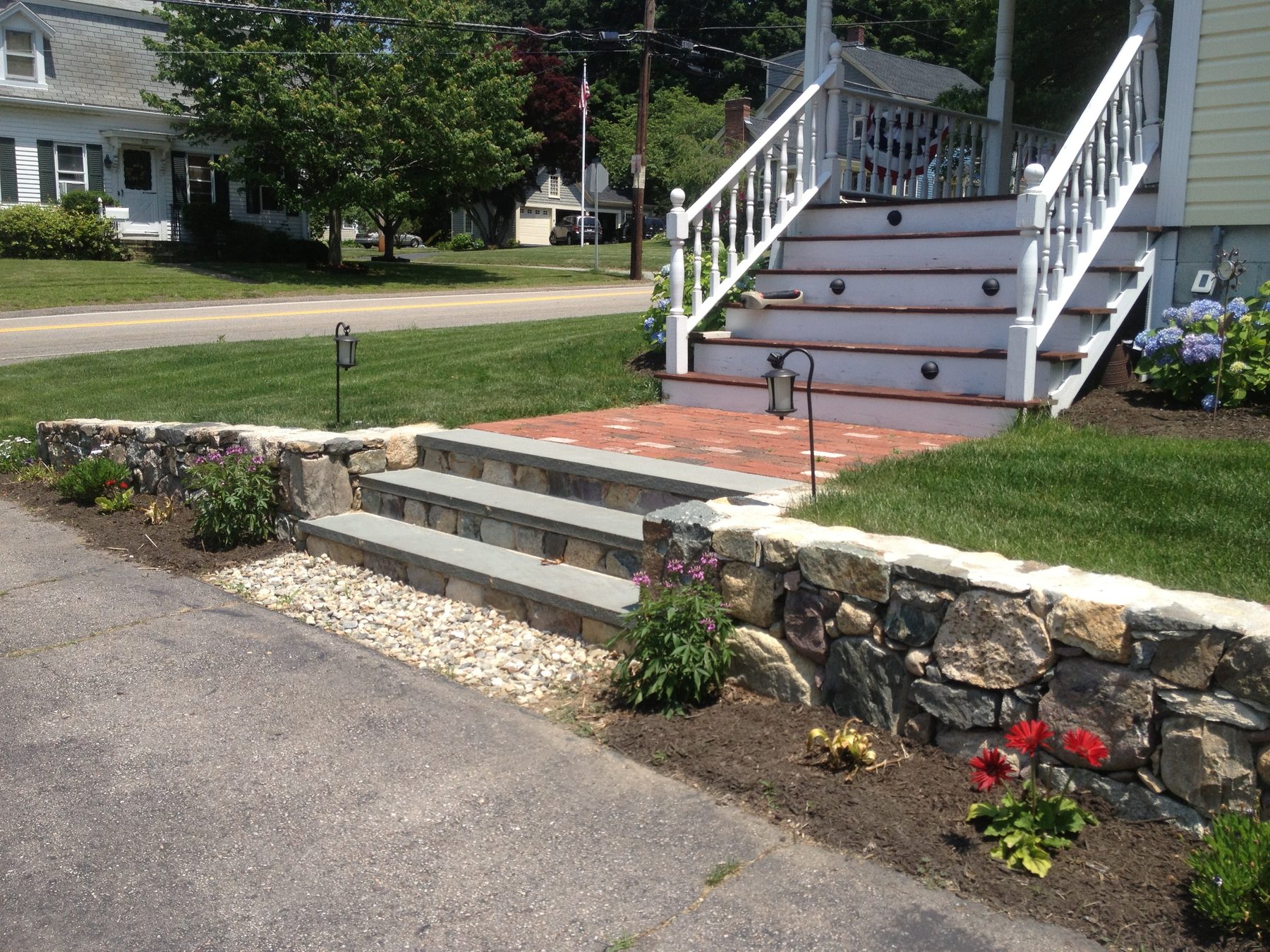 Fieldstone Wall with Integrated Stone Steps & Canal Street Paver Walkway — Plainville, MA
